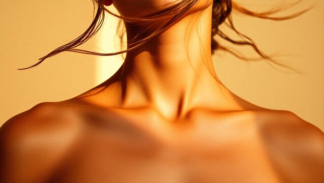 Woman's bare shoulders and neck are illuminated by warm light against a plain background.