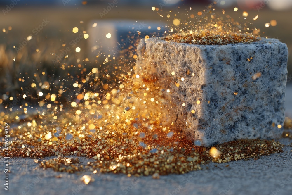 Poster golden glitter spills from a granite block on a sunlit surface during the late afternoon hours