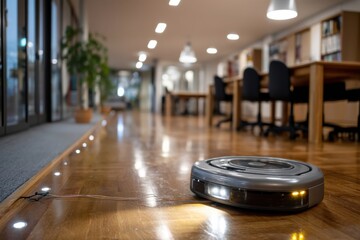 A robotic vacuum cleaner on a polished wooden floor in an upscale modern environment, emphasizing the union of cleanliness, elegance, and high technology in everyday life.