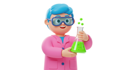Cartoon woman scientist in pink lab suit