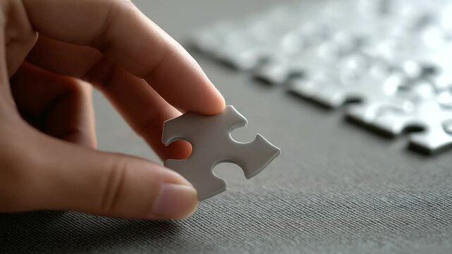 Minimalist jigsaw puzzle with final piece in hand