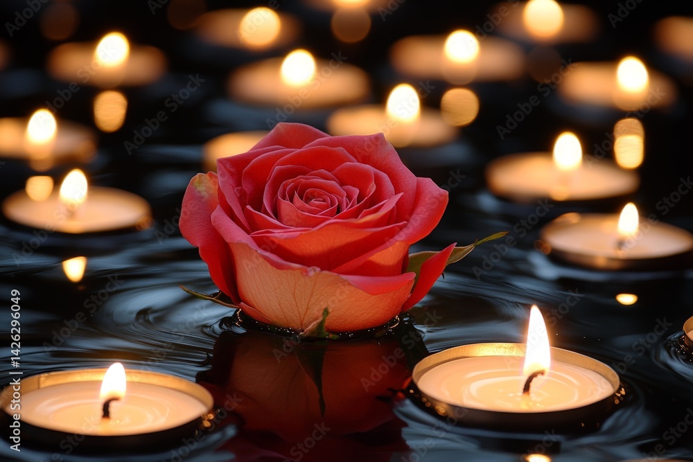 Poster floating rose surrounded by candles creates a serene atmosphere for reflection and tranquility