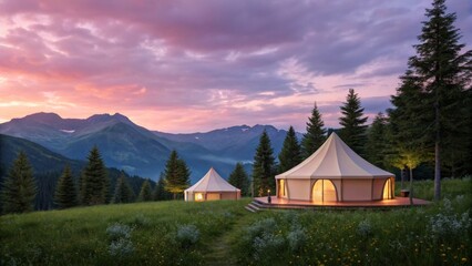 A serene landscape featuring two glamping tents surrounded by pine trees, with majestic mountains in the background and a colorful sunset sky.