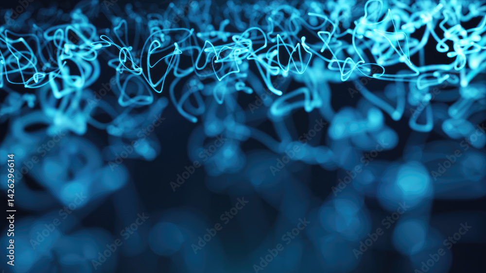 Poster bright blue glowing light trails swirling and flowing dynamically in a dark, futuristic design backd