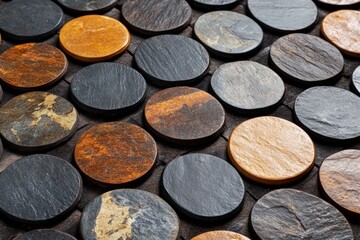 Decorative circular stone tiles arranged artistically on a surface for interior design