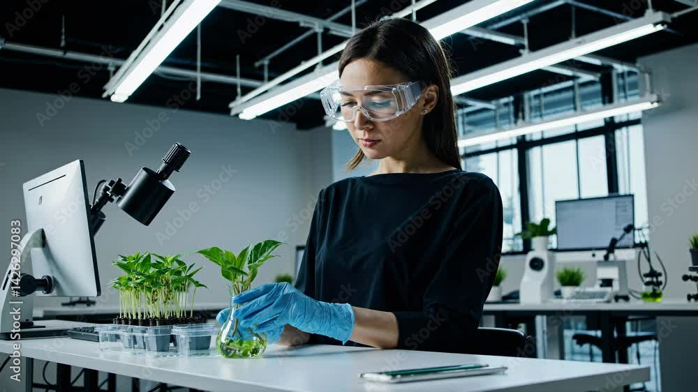 Poster a high-angle video captures a scientist in a lab analyzing plants. the modern setting emphasizes res
