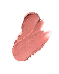 Nude pink lipstick smear close-up with glossy creamy texture on white background