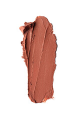 Brown lipstick smear close-up with glossy creamy texture on white background