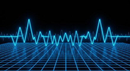Abstract Blue Neon Waveform on Grid Digital Art Background