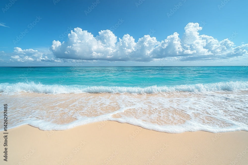 Poster waves gently lapping on soft sandy beach under a clear blue sky with fluffy clouds in the distance