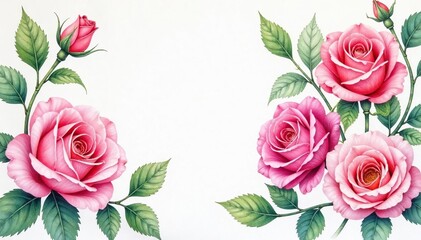 Intricate watercolor roses & leaves, soft hues, illustration, subtle, fabric