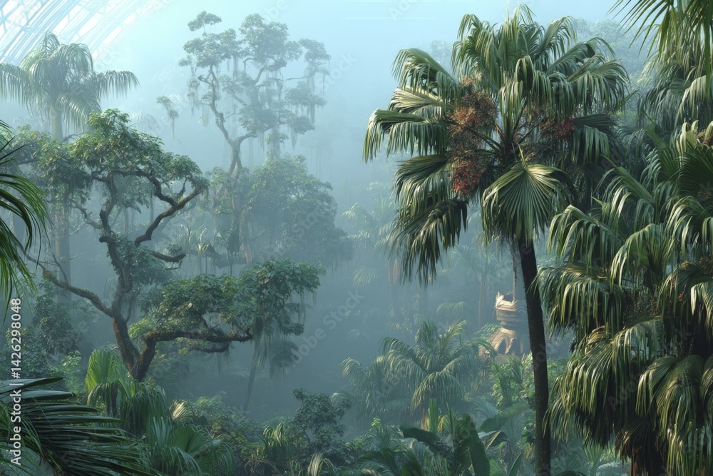 Poster lush tropical rainforest with mist creating a serene atmosphere in the early morning light