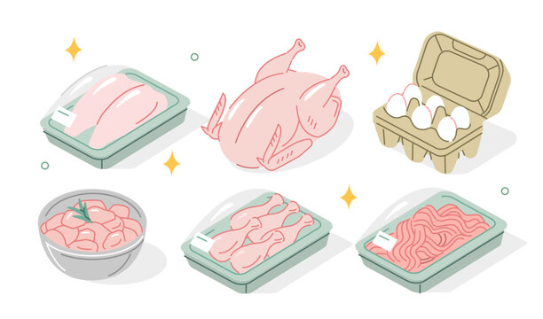 Fresh meat and eggs set. Raw chicken breasts filet, drumsticks, thighs, minced meat and other poultry carcass parts set in supermarket packaging. Healthy eating concept. Isometric vector illustration.
