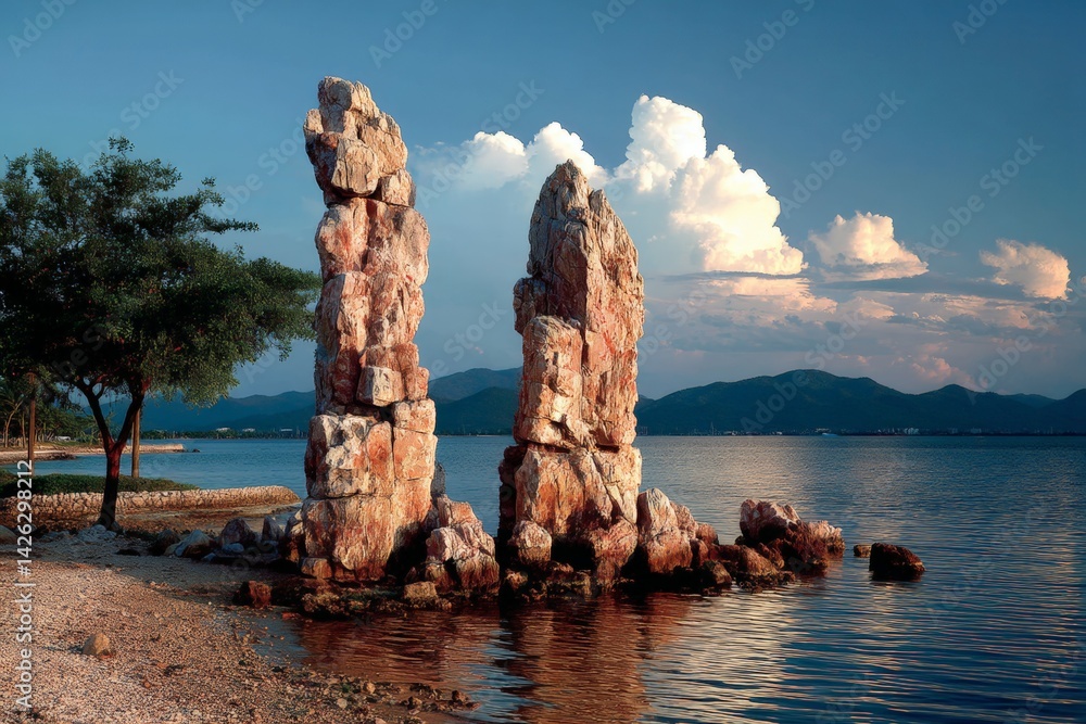 Poster beautiful rock formations along a tranquil lakeshore during sunset with clouds and mountains in the 