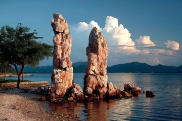 Beautiful rock formations along a tranquil lakeshore during sunset with clouds and mountains in the background