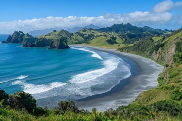 Coastal view of a tranquil beach with waves rolling in and lush green hills on a clear sunny day