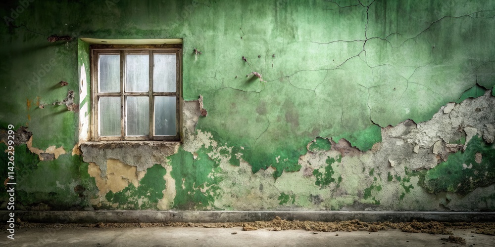 Poster a weathered single window in a dilapidated building with peeling green paint and a dusty floor