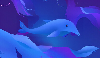 Abstract blue dolphin in the deep sea water environment summer background 