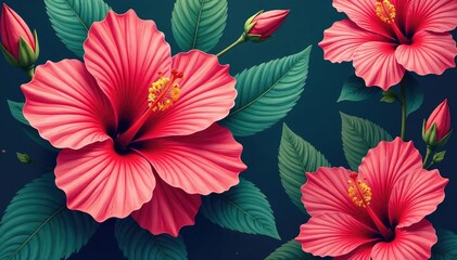 Obraz premium Bold blooming hibiscus, vibrant tropical seamless print, flowers, graphics, print