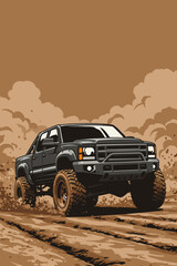 Vector illustration of an off-road truck driving through mud with dust clouds on a warm background