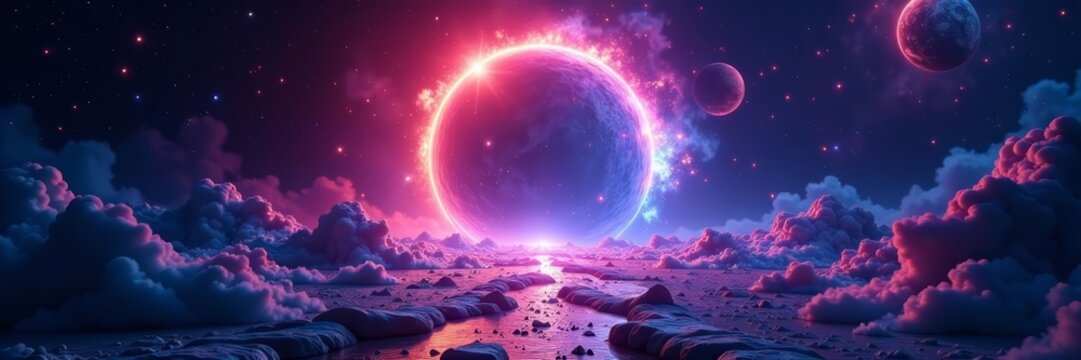 Futuristic sci-fi portal with luminous waves spreading into galaxy, futuristic, interstellar