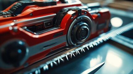 Fototapeta premium Electric saw on workbench showing ergonomic handle, speed settings, and blade in action.