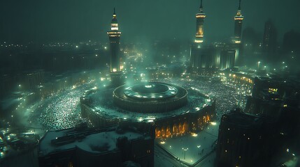 Mecca Crowd Gathering at Night Illuminated by City Lights and Towers
