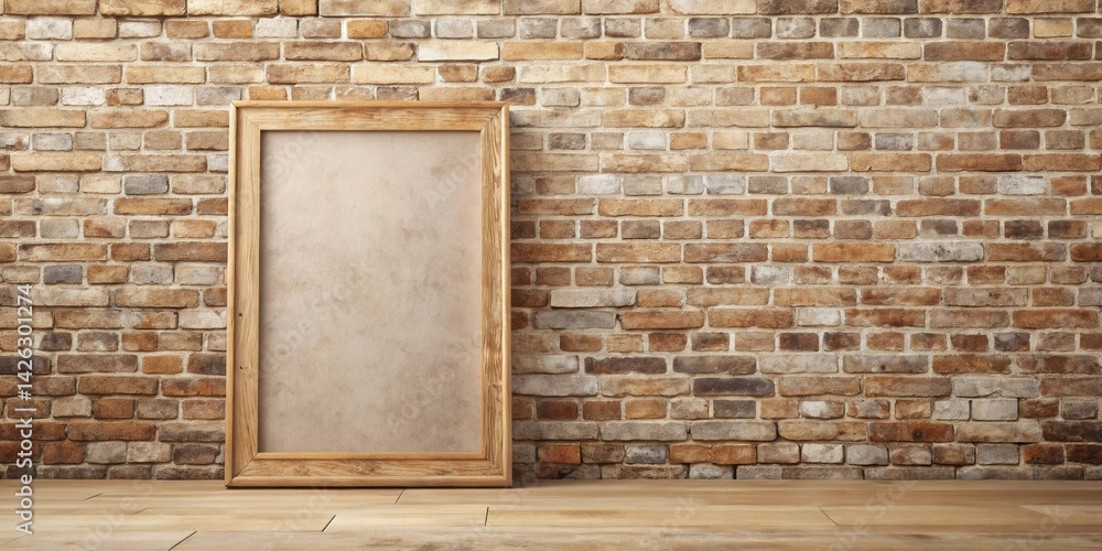 Poster rustic wooden frame against a weathered brick wall, ideal for mockups and design projects