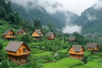 Lush green valley with wooden houses nestled among the mountains in a serene rural landscape