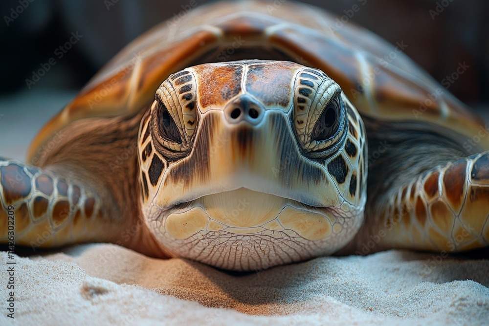Poster closely observing a green sea turtle resting on sandy ocean floor in a tranquil underwater environme