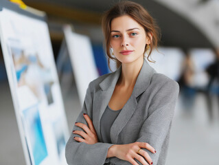 Serious woman in a suit poses confidently, business professional
