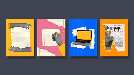 4 Abstract Halftone Collage Posters. Vibrant collage set with retro hands, notebooks, and digital elements. A playful mix of writing tools, notebook paper scraps, textures, and pop colors.