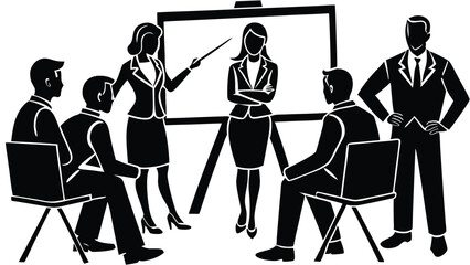 Corporate business training session illustration in black and white graphic design