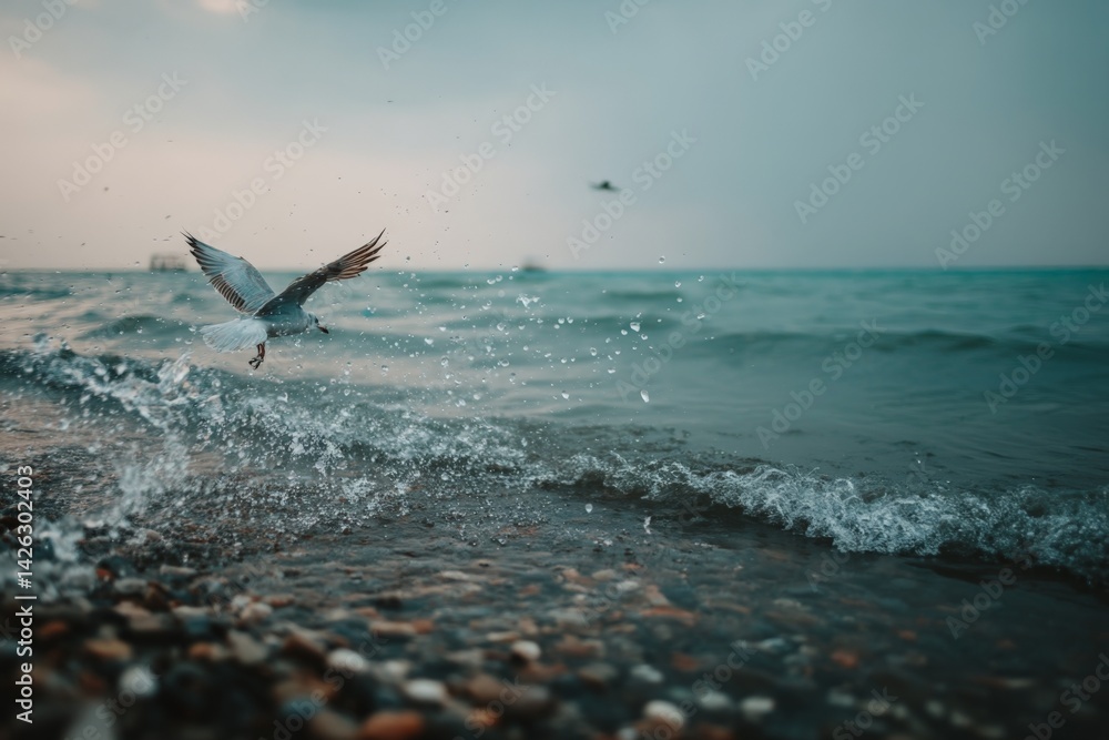 Poster seagull takes flight over pebbled shore as waves crash under overcast sky during early evening