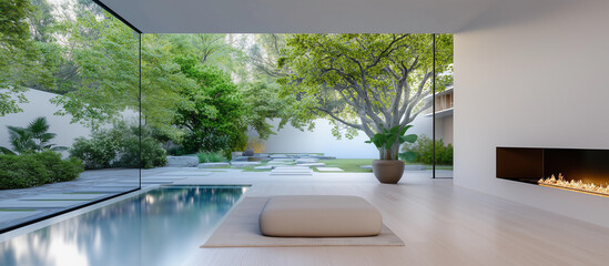 Minimalist modern interior with fireplace and glass walls opening to a peaceful garden courtyard with lush greenery