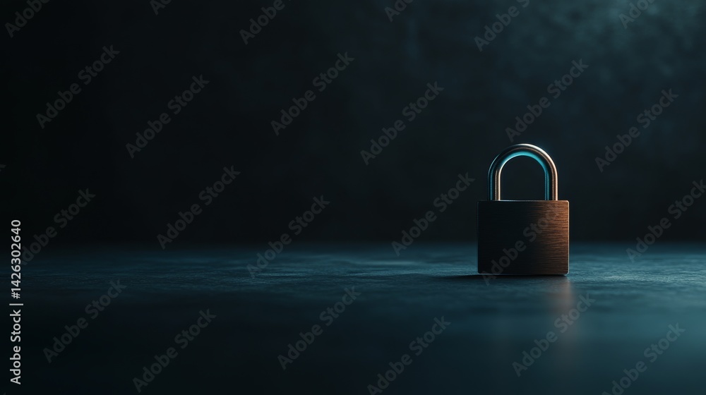 Aufkleber Metallic padlock emits a faint blue light against a dark backdrop. Holographic data streams enhance the focus on safeguarding digital information with ample copy space