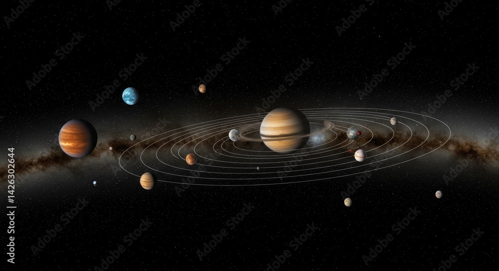 Poster planetary system orbit visualization - a detailed visualization of a planetary system, showcasing pl