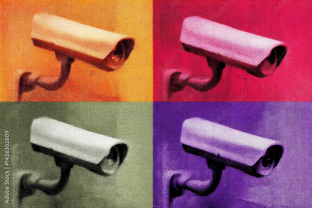 Aufkleber Colorful display of security cameras in a grid pattern showcasing various hues and tones at a public venue