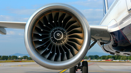 This commercial jet engine displays intricate turbine blades as the aircraft prepares for departure.