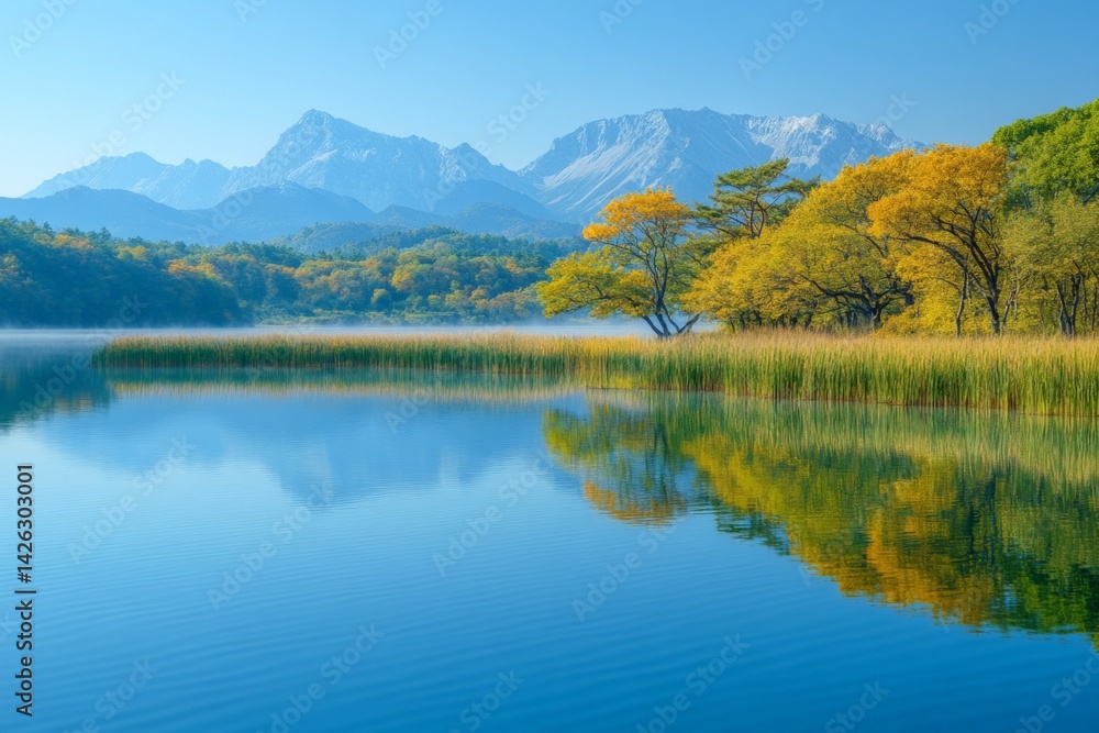 Poster beautiful autumn landscape with mountains and clear lake reflecting colorful trees in a serene setti