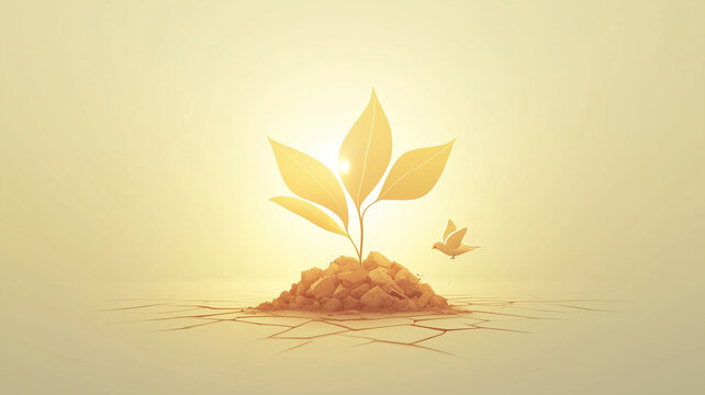 flat design illustration of a glowing sprout emerging from cracked earth under a sunrise metaphor for new life and beginnings