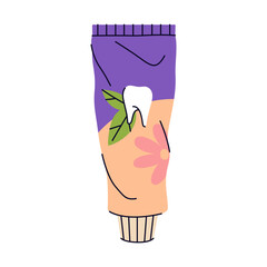 Toothpaste tube isolated. Vector icon of dental care or oral hygiene product. Paste for teeth and dental health. Mouth and gum, enamel gel. Accessory for tooth brushing. Daily routine and dentistry.