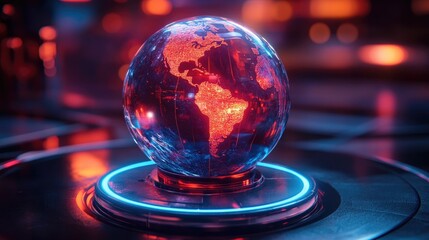 A glowing glass globe of Earth with a futuristic, red and blue light display on a platform.