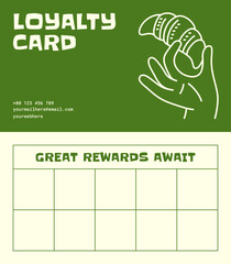Minimalist loyalty card design with hand holding croissant illustration and green theme, ideal for bakeries, cafes, and pastry shops.