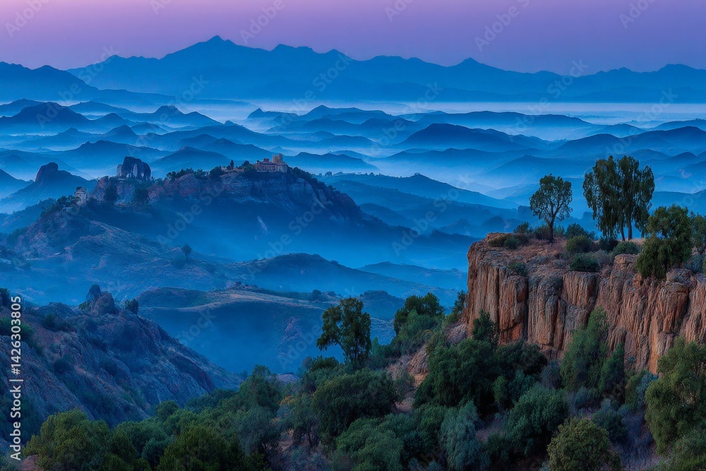 Aufkleber majestic mountain landscape at dawn with layers of mist and distant hills in the background