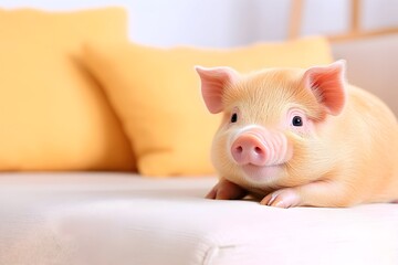 Adorable tiny piglet rests on a light beige couch
