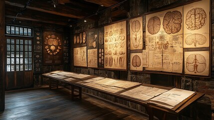 Antique anatomical charts displayed in a historical museum.
