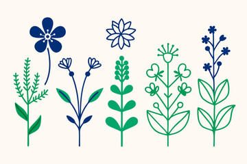 Vector floral set features a seamless pattern of blue spring flowers, a beautiful nature illustration perfect for vintage design and wallpaper decoration