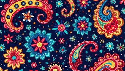 Bold, stylized paisley print, vibrant color palette , seamless, colorful, background
