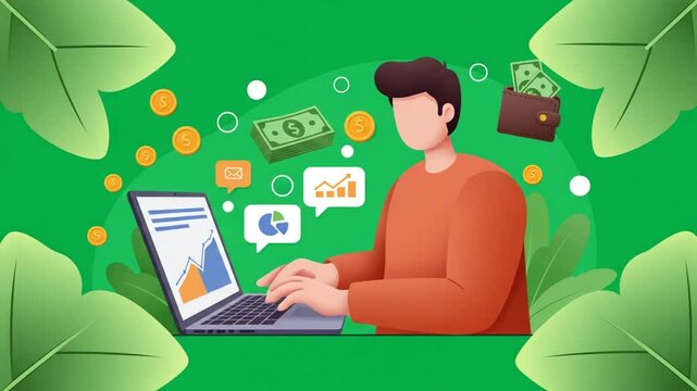 鮮やか緑背景、好調グラフ躍動感、人物穏やか作業中。収益増加イメージ